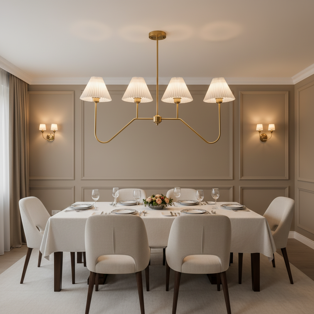 4-Light Swan Neck Pleated Shade Chandelier / Brass Ceiling Light