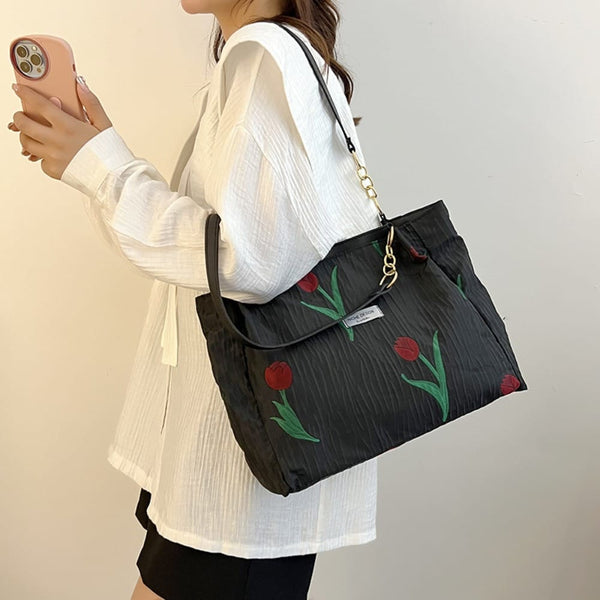 Casual Floral Canvas Tote Bag 38x14x27cm – White and Black Stylish Everyday Tote