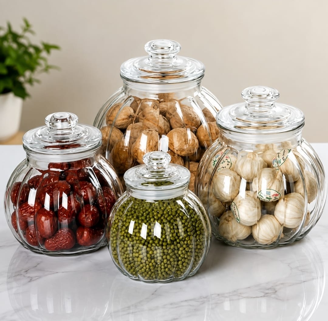 Pumpkin-shaped transparent glass storage jar with sealed lid and vertical pattern, available in 750ml, 1300ml, 1900ml, and 2800ml capacities for food storage