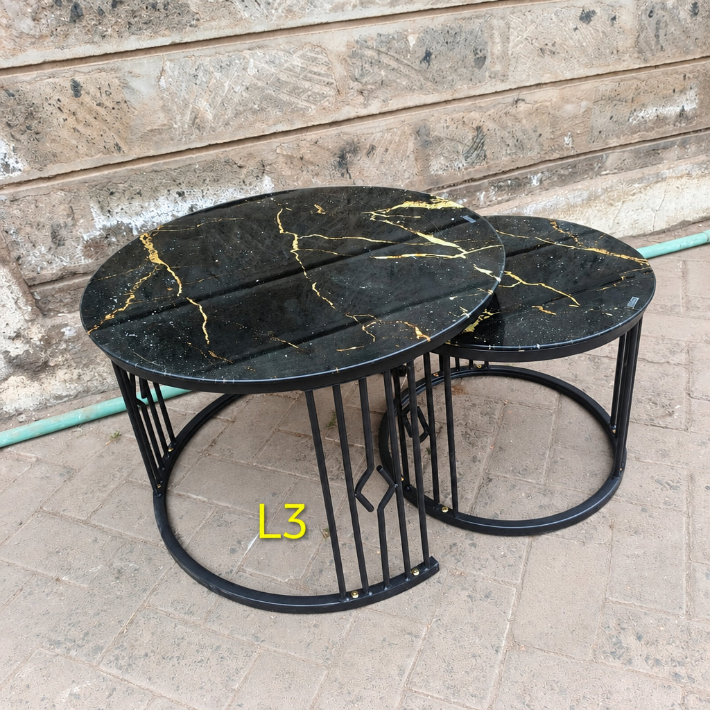 2-Piece Nesting Coffee Table Set, Black Marble with Gold Veins and Black Metal Frames -Gemelli Collection
