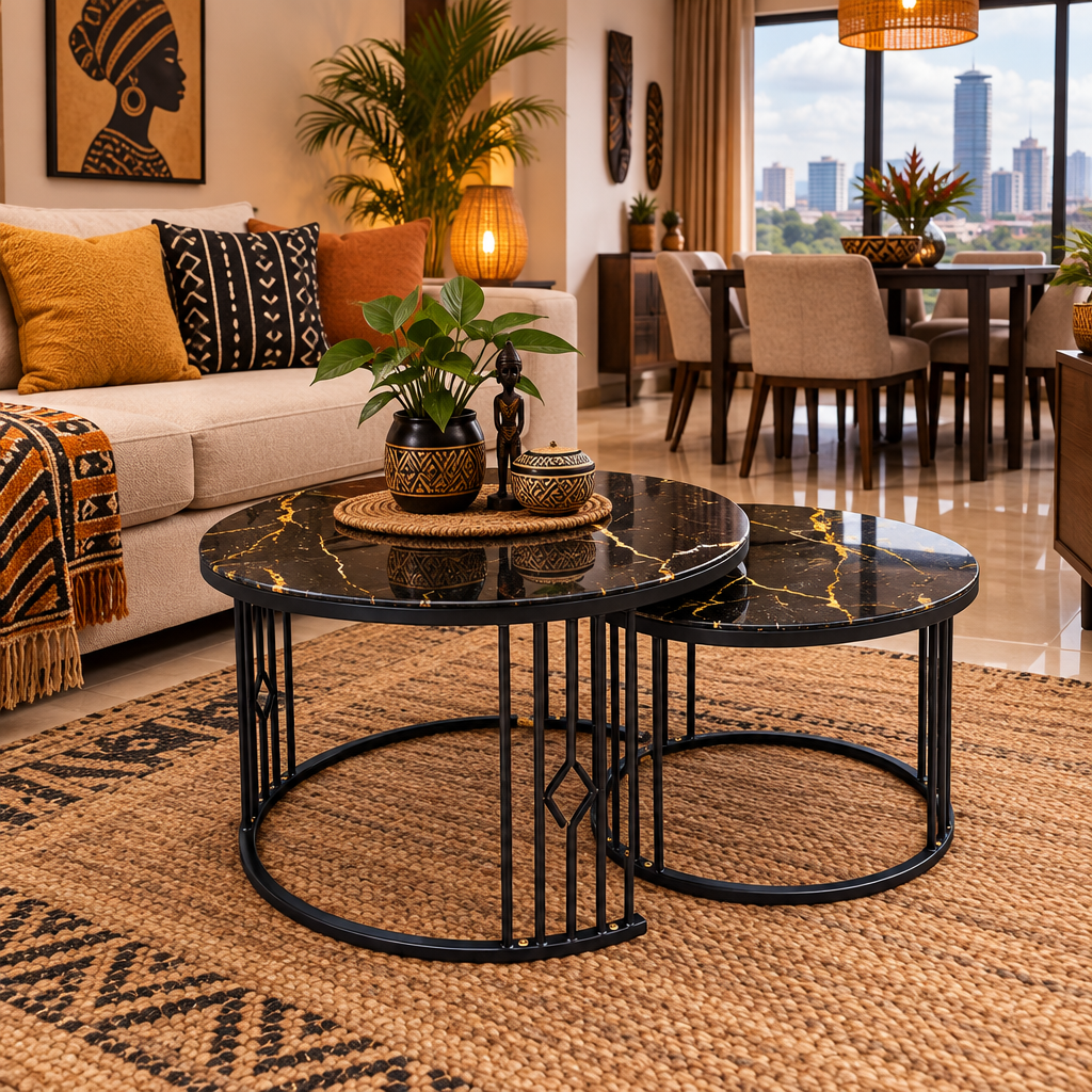 2-Piece Black Marble with Gold Veins and Black Metal Frame Nesting Coffee Table Set