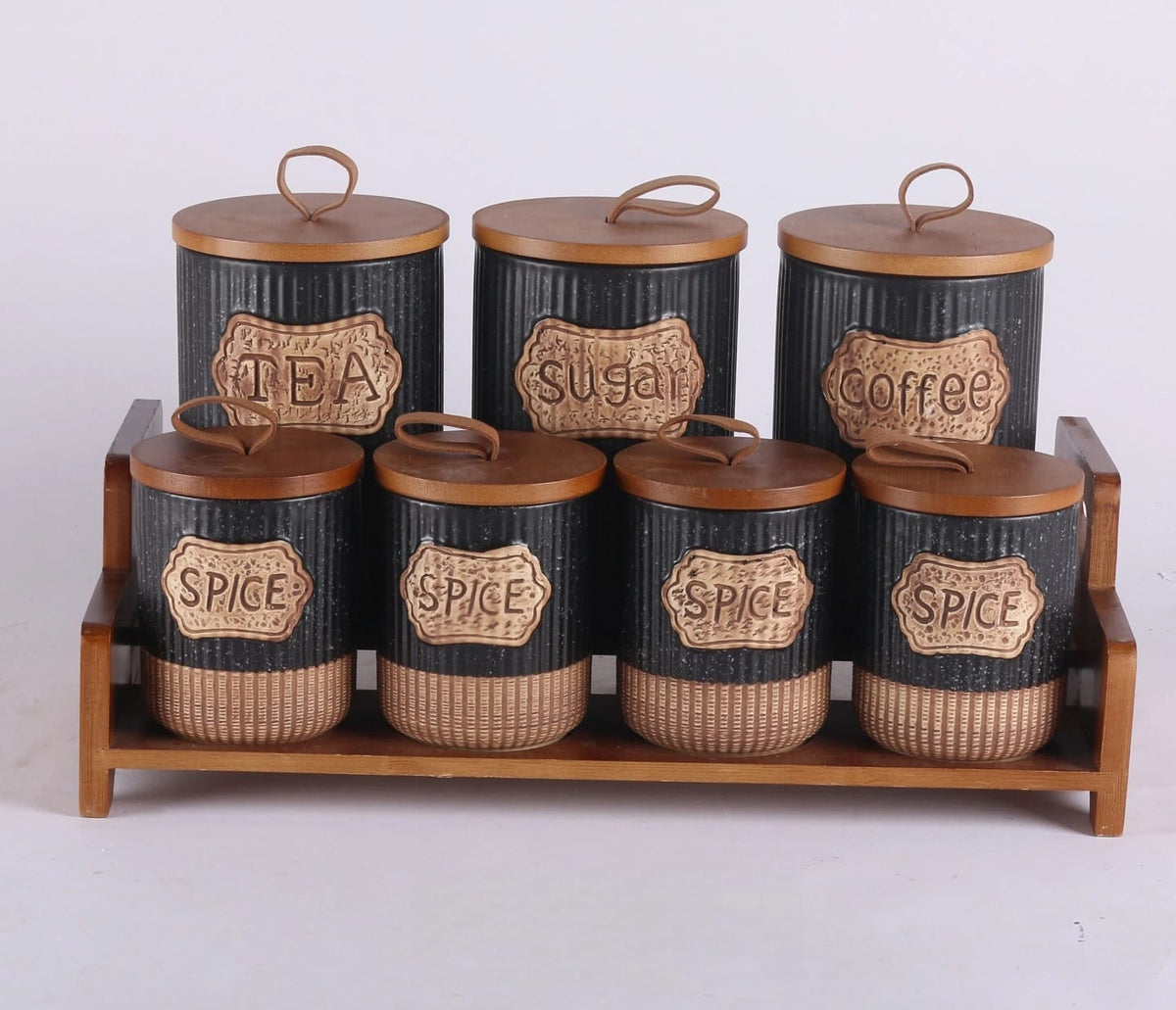 7 piece rustic ceramic canister set with ribbed jars wooden lids leather loop handles vintage plaques and two tier wooden stand for tea coffee sugar and spice storage
