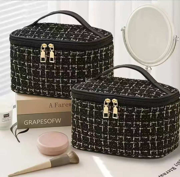 Tweed Cosmetic Bag Organizer – Black Travel Makeup and Storage Pouch for Women Daily Use