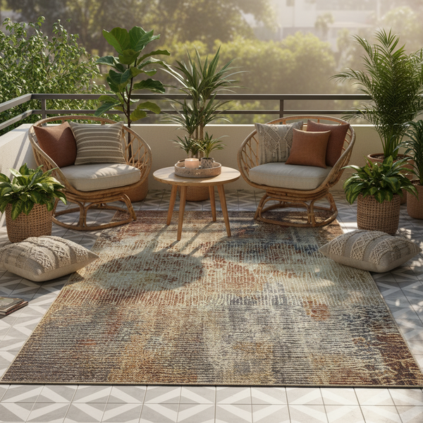 Gemelli Collections Oriental Weavers Isla KBORIE135 beige rust blue distressed vintage abstract rug for indoor and outdoor use.