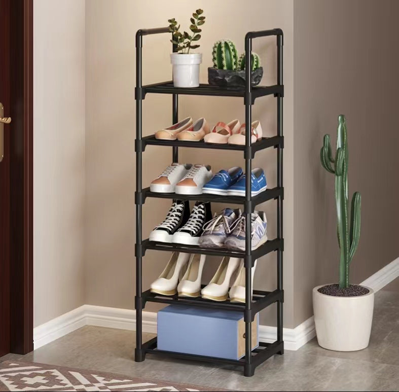 6 tier black shoe rack with steel pipe frame and PP plastic connectors for organised footwear storage in bedrooms closets and entryways.