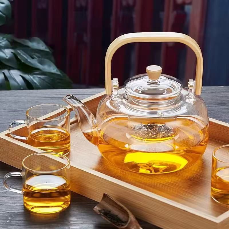 Gemelli Colllection glass tea set 1400ml heat resistant teapot 6 glass cups bamboo serving tray elegant tea serving set modern kitchen dining tea set gift idea