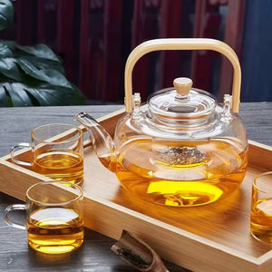 Gemelli Colllection glass tea set 1400ml heat resistant teapot 6 glass cups bamboo serving tray elegant tea serving set modern kitchen dining tea set gift idea