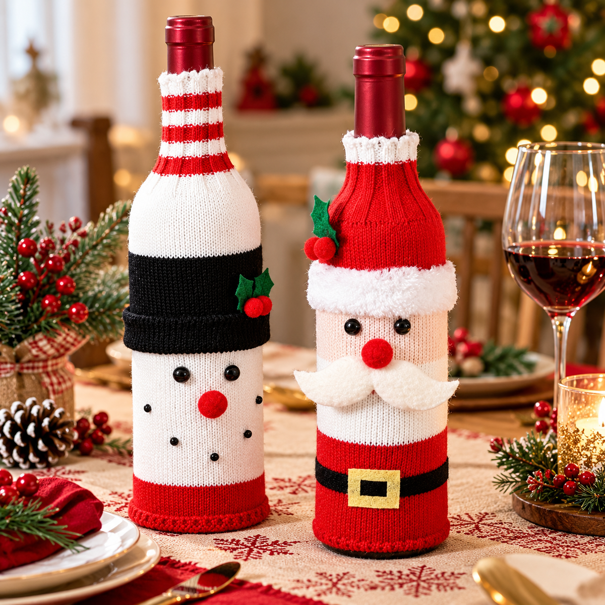 Woven Christmas Wine Bottle Covers Santa and Snowman Designs