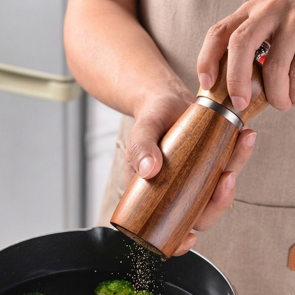 Gemelli Collection portable wooden spice and pepper grinder used for fresh seasoning in kitchen cooking