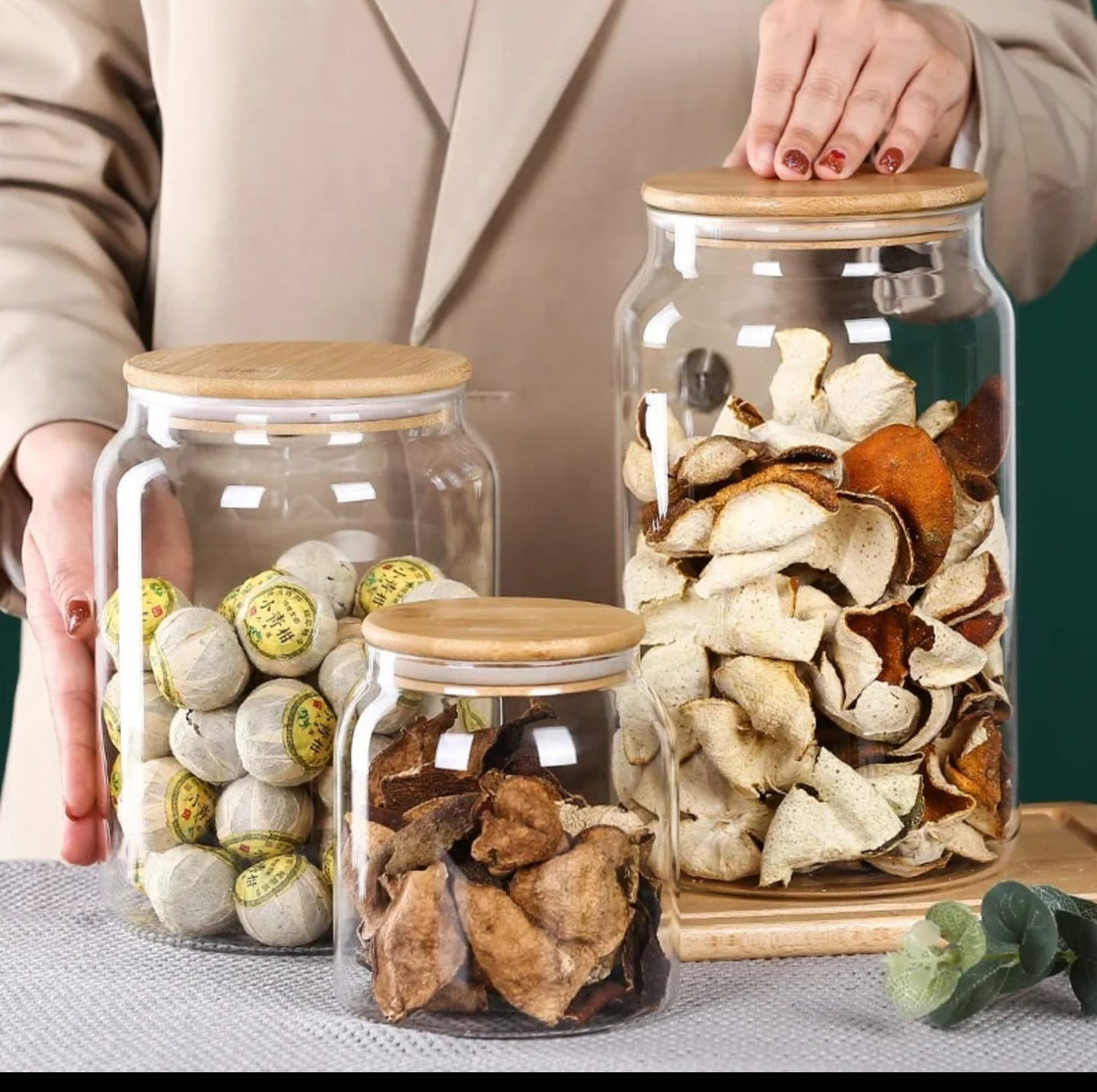 Clear acrylic storage jars with bamboo lids and airtight seal available in 3 litre 5 litre and 6 litre capacities for rice pasta cereals flour beans and pantry storage.