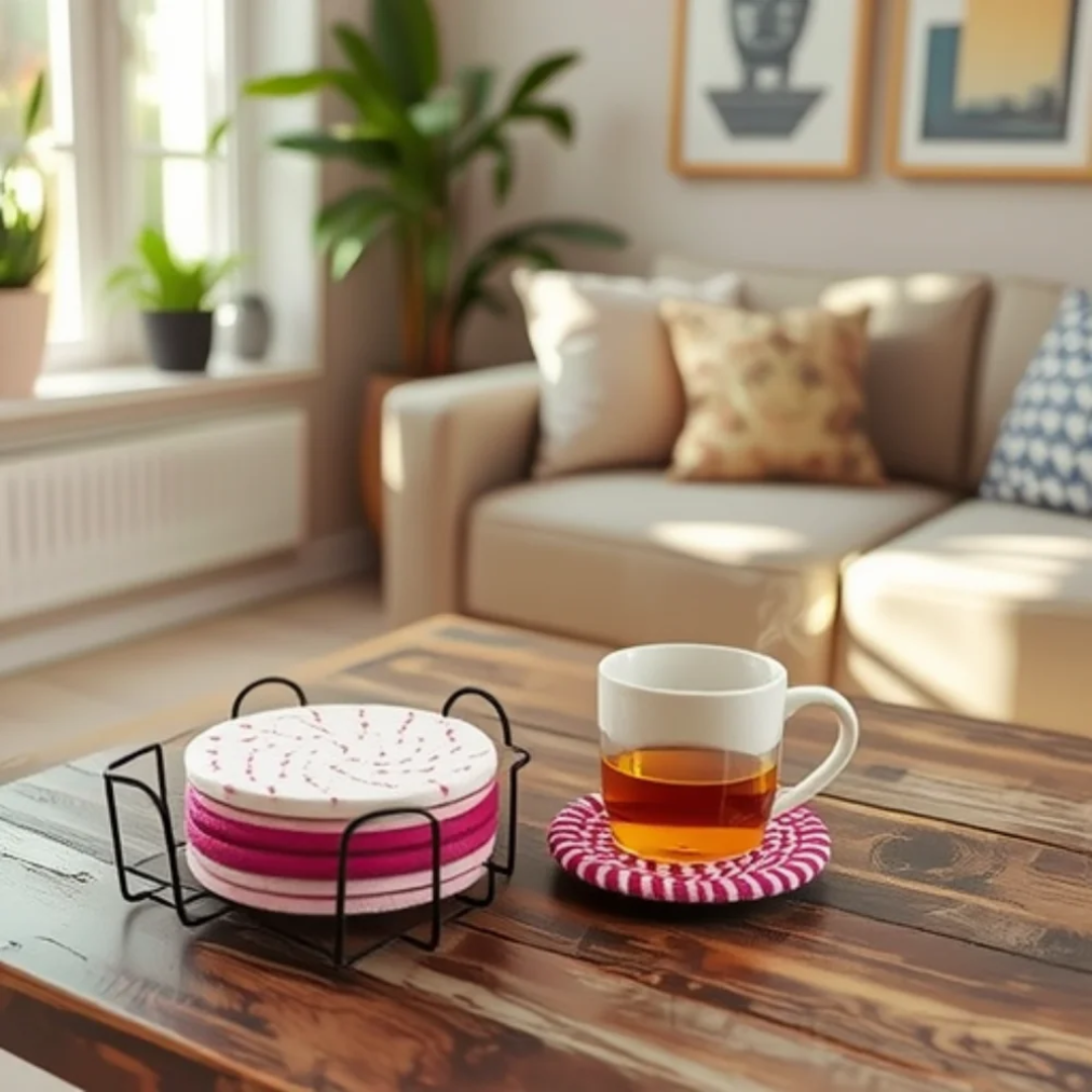 Cotton Woven Drink Coasters with Metal Stand