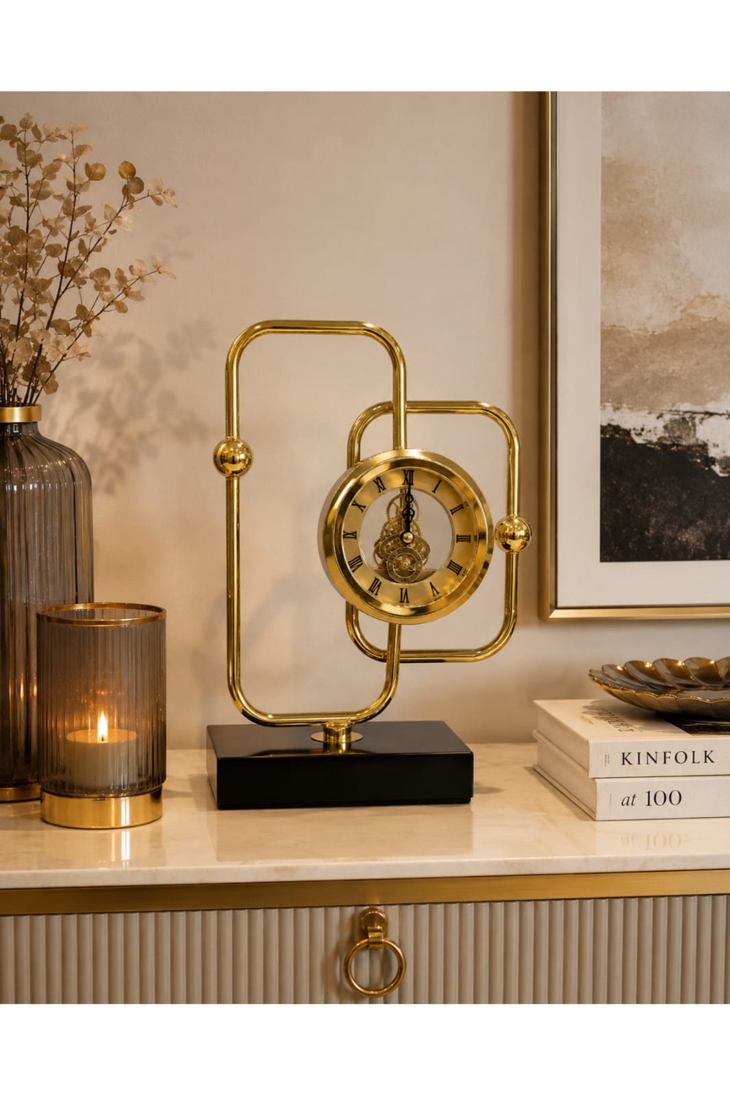 Gold Brass Desktop Clock with Marble Base
