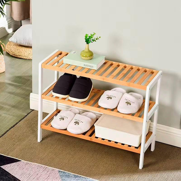 3-layer bamboo entryway shoe rack measuring 70 x 25 x 55cm for organising footwear in entryways, hallways, bedrooms, closets, and dressing areas