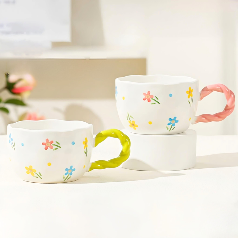 flower meadow ceramic mug with twisted handle decorative floral coffee mug artistic tea cup with colourful flower pattern for hot and cold beverages home office and gift use.