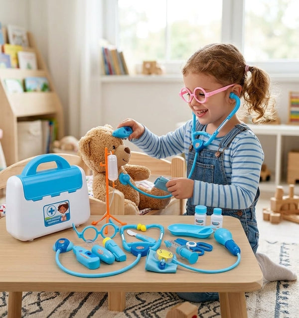 Gemelli Collection – 17pcs children’s medical doctor play set with doctor-themed accessories for imaginative doctor and patient role play, learning activities, playdates and pretend medical games