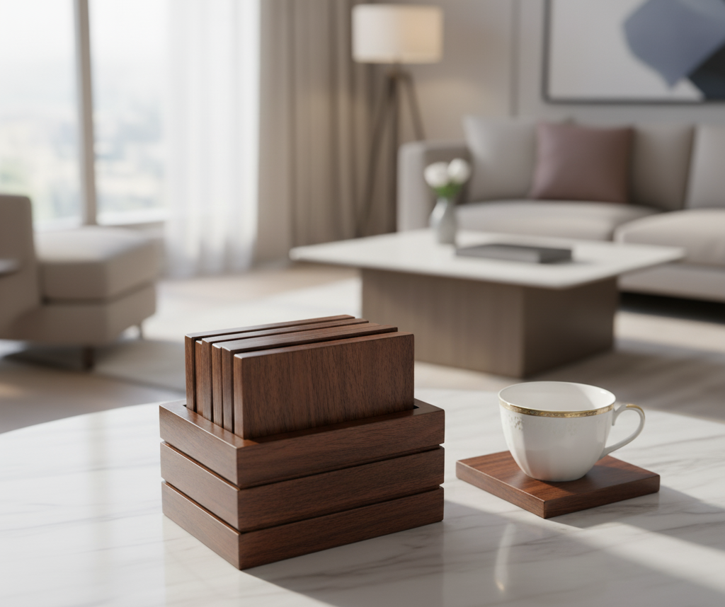 Wooden tea coaster set with six coasters and matching stand