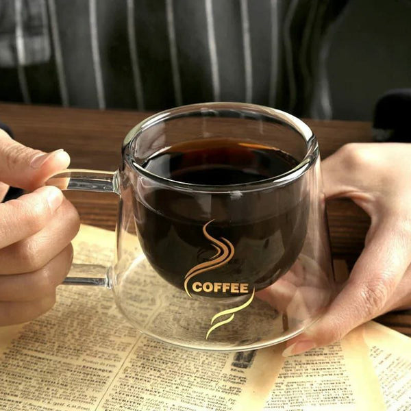 2-piece set of 200ml double-wall borosilicate glass coffee mugs, hand-blown and suitable for hot and cold beverages at home or in the office.