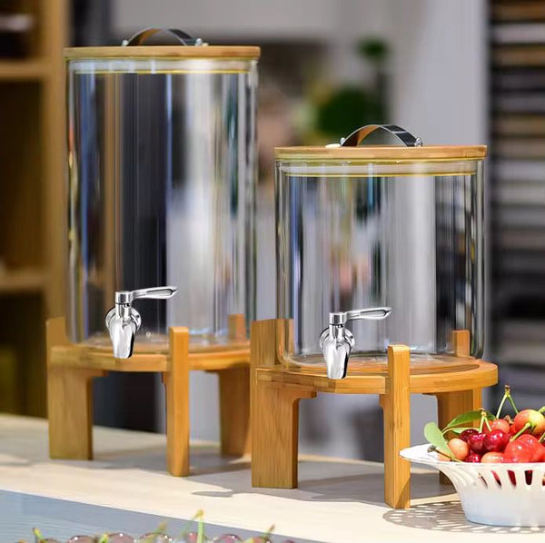 5L Glass Juice Dispenser with Bamboo Base and Tap, Stylish Beverage Dispenser for Juice, Water, Lemonade, and Party Serving