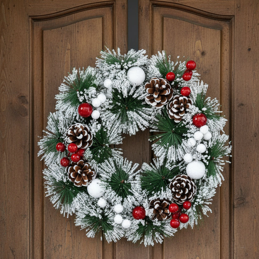 32cm Snow Christmas Wreath with Pine Cones and Berries for Front Door Decoration