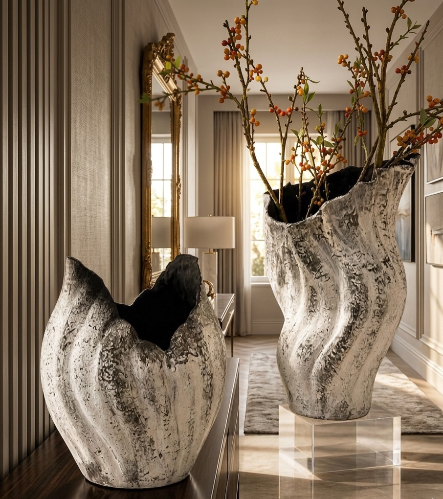 Gemelli Colllection shell inspired statement vase set luxury sculptural decorative vases modern home décor flower vase entryway console shelf styling vases medium large