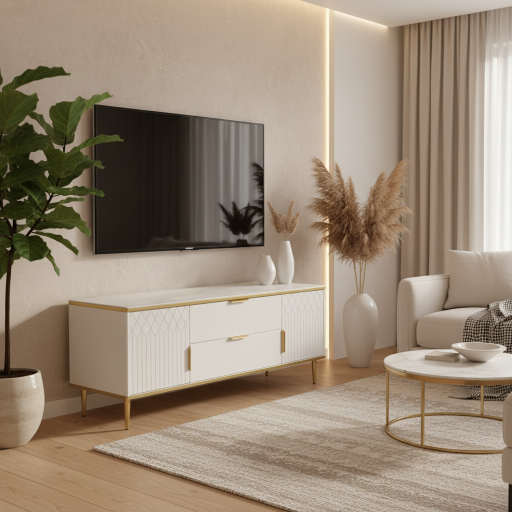 Gemelli Collections luxury coffee table with white marble print glass top, high-gloss white MDF storage cabinets, gold trim, gold handles, and gold metal legs for modern living room décor