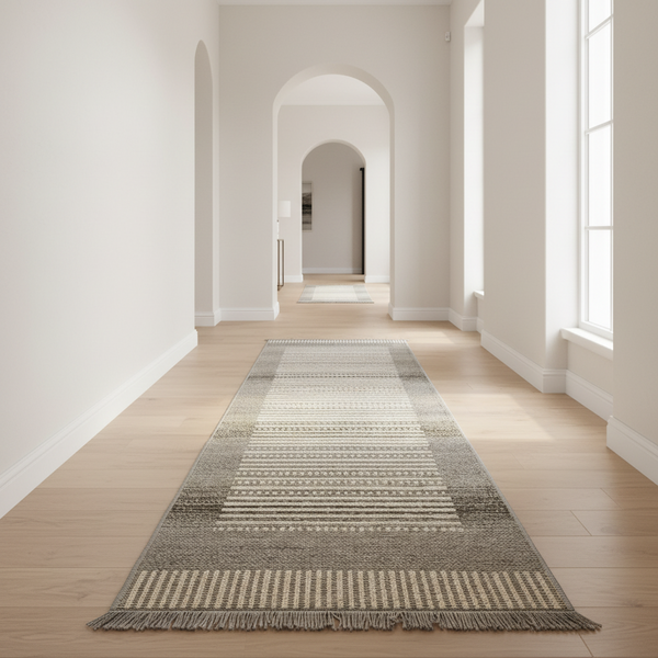 Oriental Weavers Kemet Striped Corridor Runner Rug - Grey Beige Linear Pattern with Fringe KBORIE229 #6