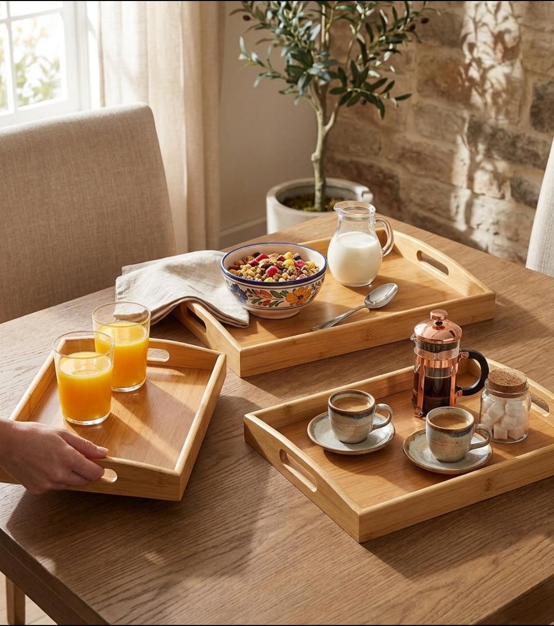 3-piece bamboo serving tray set in different sizes for serving meals, drinks, snacks, breakfast, tea, and coffee or organising household items