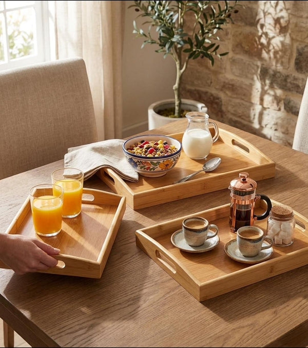 3-piece bamboo serving tray set in different sizes for serving meals, drinks, snacks, breakfast, tea, and coffee or organising household items