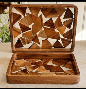 2 piece wood mosaic serving tray set with acacia wood frame geometric wood inlay and smooth resin top for serving styling and home décor display.