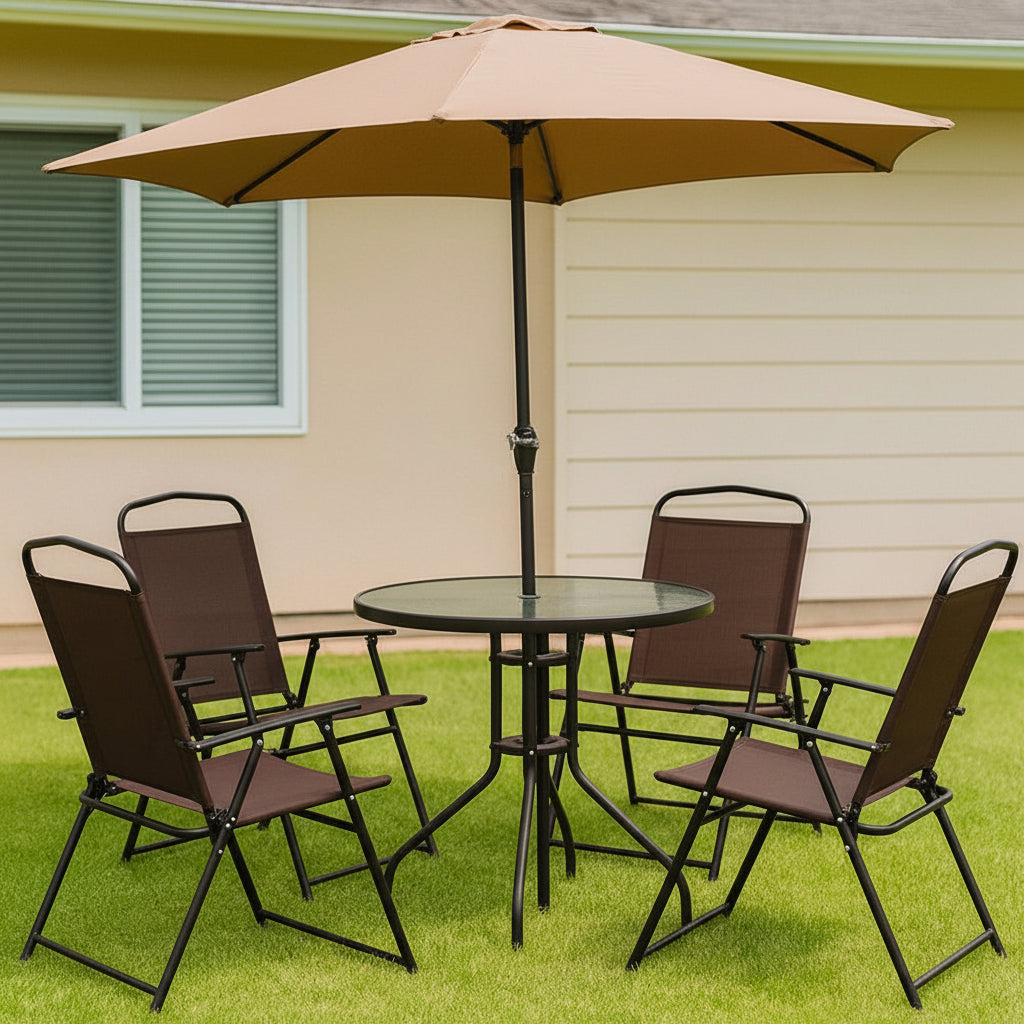 6pc Bistro Set with 4 Chairs Glass Table and Umbrella #8884