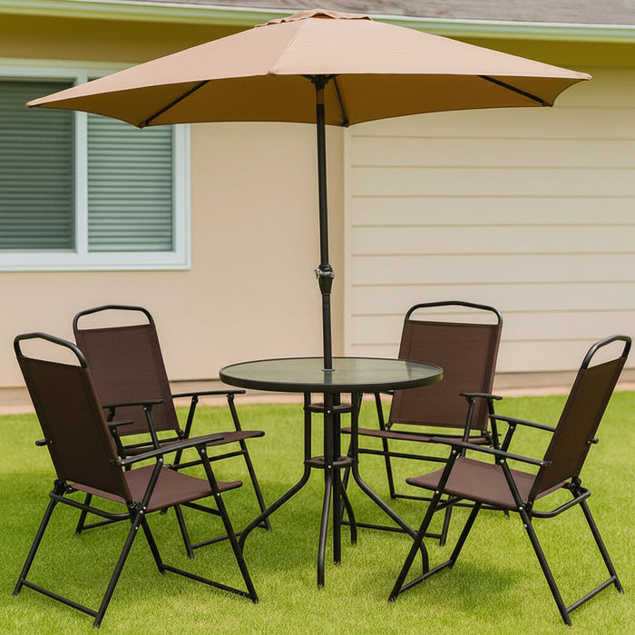 6pc Bistro Set with 4 Chairs Glass Table and Umbrella #8884