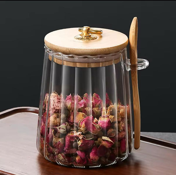 glass storage jar with bamboo lid and spoon 500ml airtight food storage container clear glass