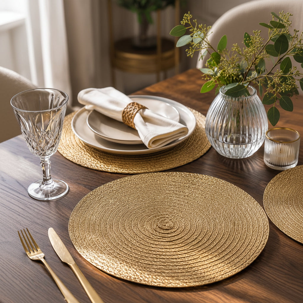 6 piece natural woven table mats with 38cm round jute look design