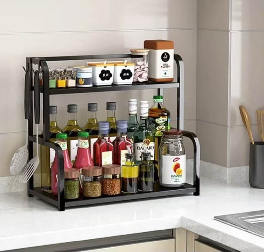 Black 2-tier metallic spice rack measuring 50cm x 14cm x 42cm for organising spices, kitchen accessories, perfumes, and household essentials