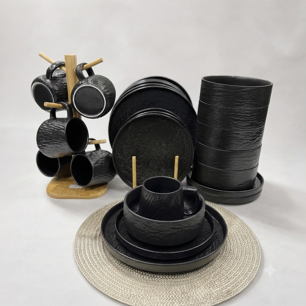 24-piece rock glazed ceramic dinner set with 6 dinner plates 6 side plates 6 bowls and 6 mugs microwave-safe dishwasher-safe ceramic tableware set for family dining and entertaining.