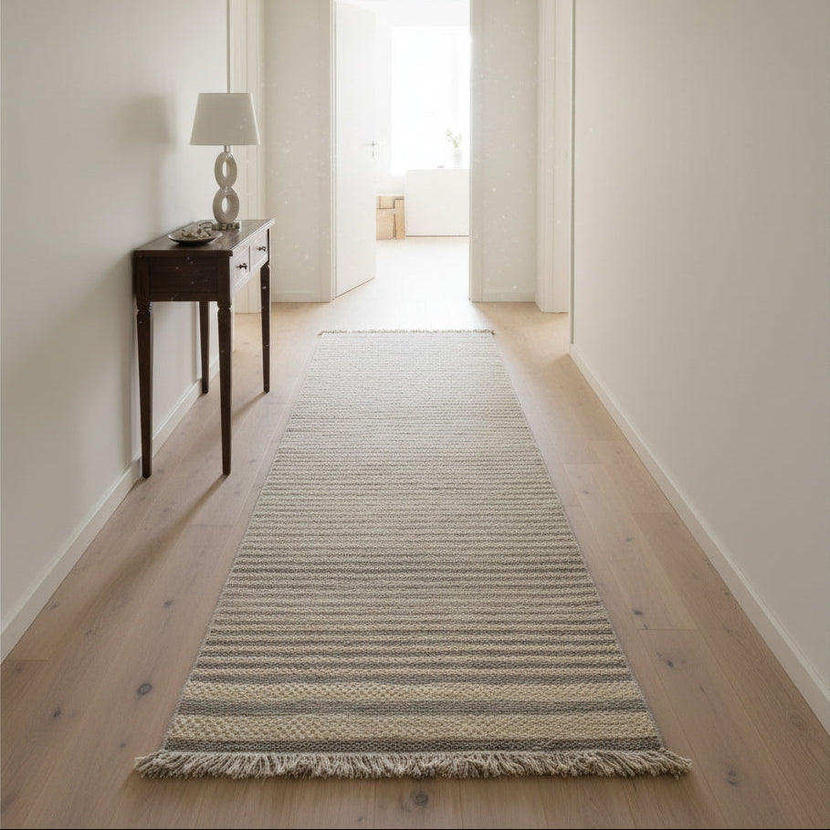 Gemelli Collection Oriental Weavers Kemet #9 beige grey horizontal striped corridor runner rug with jute-look texture and fringe