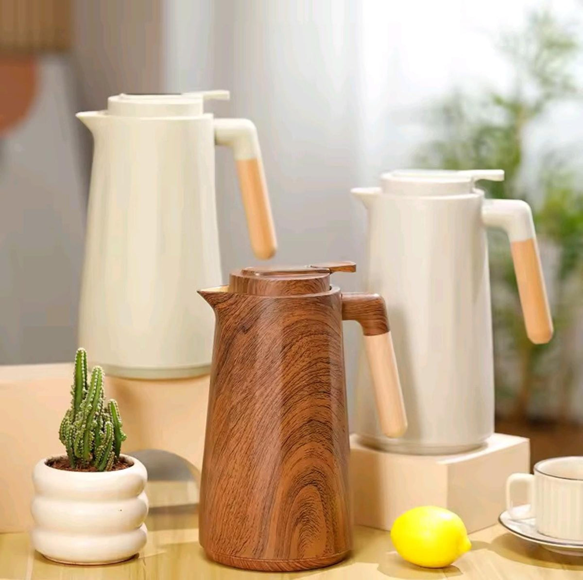 Nordic Style Double-Wall Insulated Vacuum Flask with Wooden Handle – 1 Litre