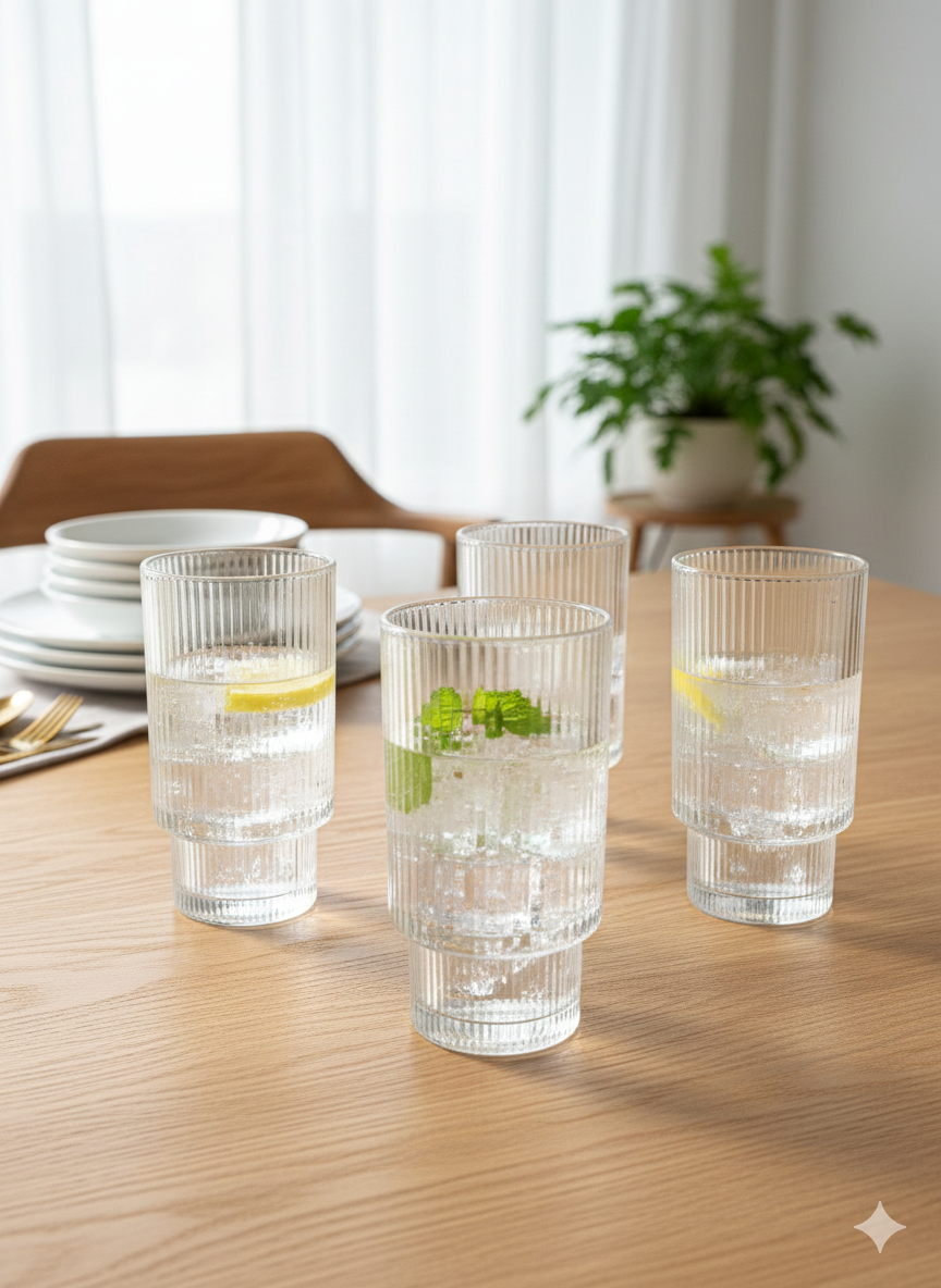 Ribbed water glasses with sleek lined textured design clear drinking glasses for water, juice, and mocktails on dining table.
