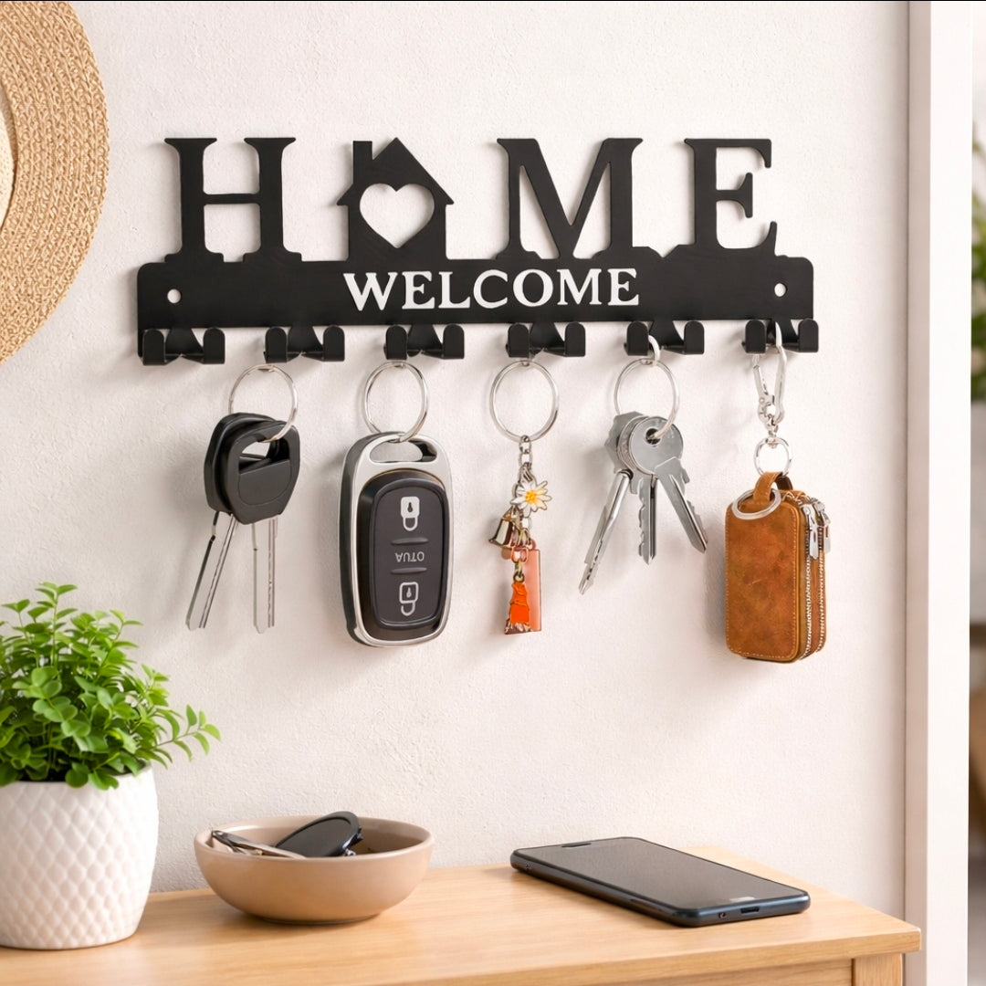black metal wall mounted key holder with 6 double hooks decorative key organiser for entryway hallway corridor and doorway durable wall rack for house office and car keys keychains and small accessories