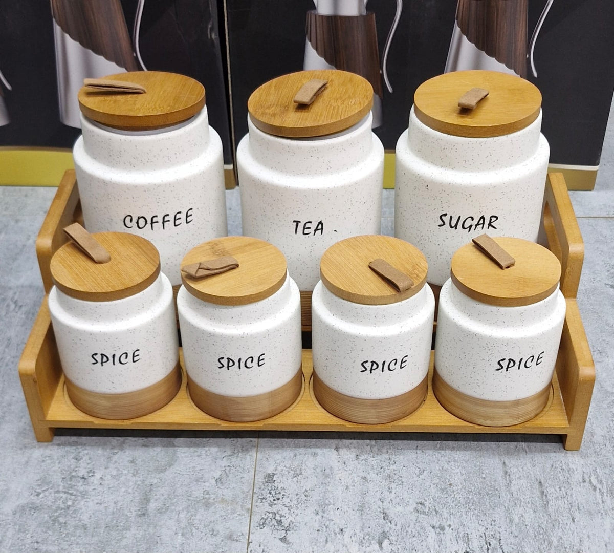 7 Piece Ceramic Canister Set with Wooden Stand