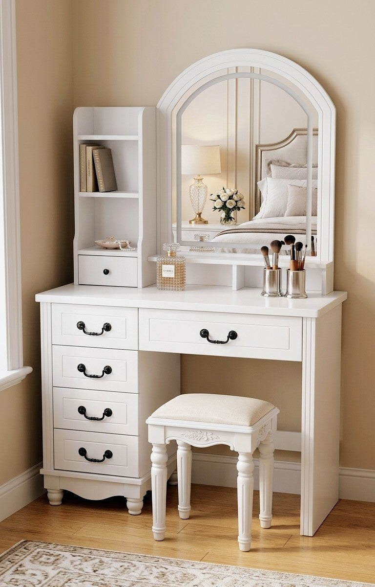 Dressing table with mirror and storage drawers for organized bedroom use
