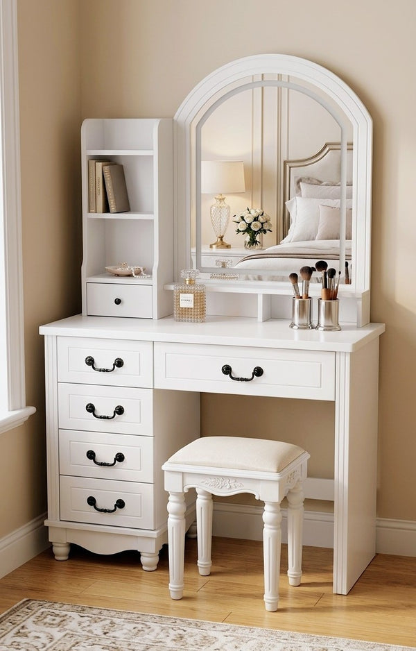Dressing table with mirror and storage drawers for organized bedroom use