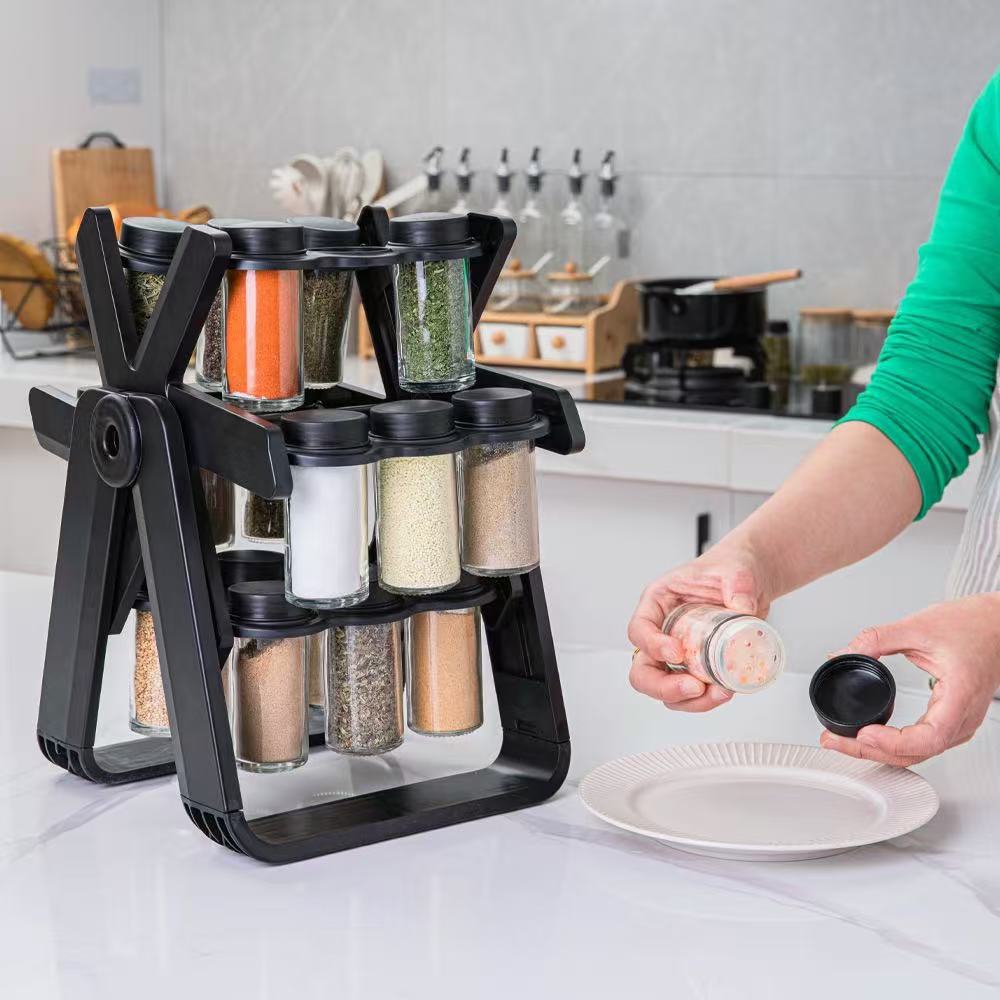 Rotating spice rack with 18 spice jars of 180ml capacity each for organised storage of herbs, spices, and seasonings in the kitchen