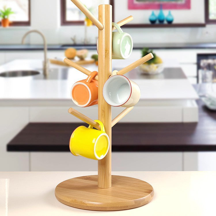 bamboo cup holder stand with 6-claw mug storage rack for coffee cups tea cups countertop organisation and cup drying kitchen storage solution.