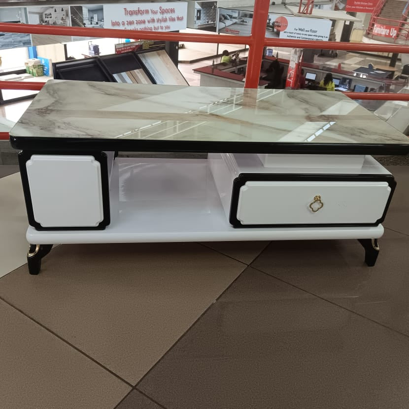 Marble-Pattern Coffee Table with Cabinet & Drawer
