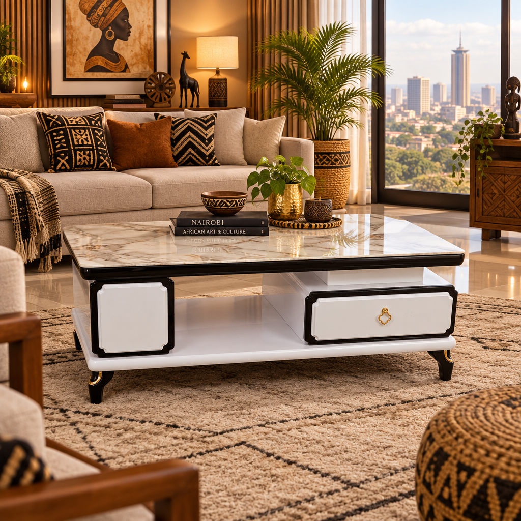 Marble-Pattern Wooden Coffee Table with Cabinet and Drawer FCT 022, white marble-pattern top and white cabinet - available in Nairobi, Kenya