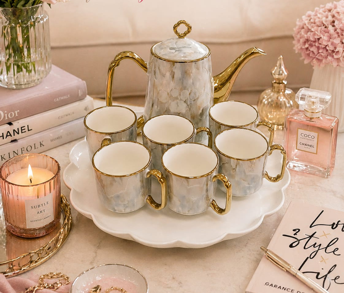 Gemelli Colllection 9pc luxury marble tea set gold detailing elegant tea coffee serving set with tray modern decorative tea set for home entertaining guests stylish kitchen dining tea service