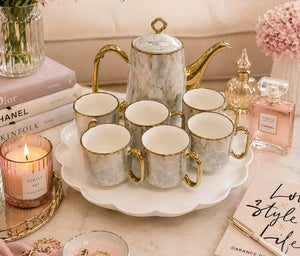 Gemelli Colllection 9pc luxury marble tea set gold detailing elegant tea coffee serving set with tray modern decorative tea set for home entertaining guests stylish kitchen dining tea service