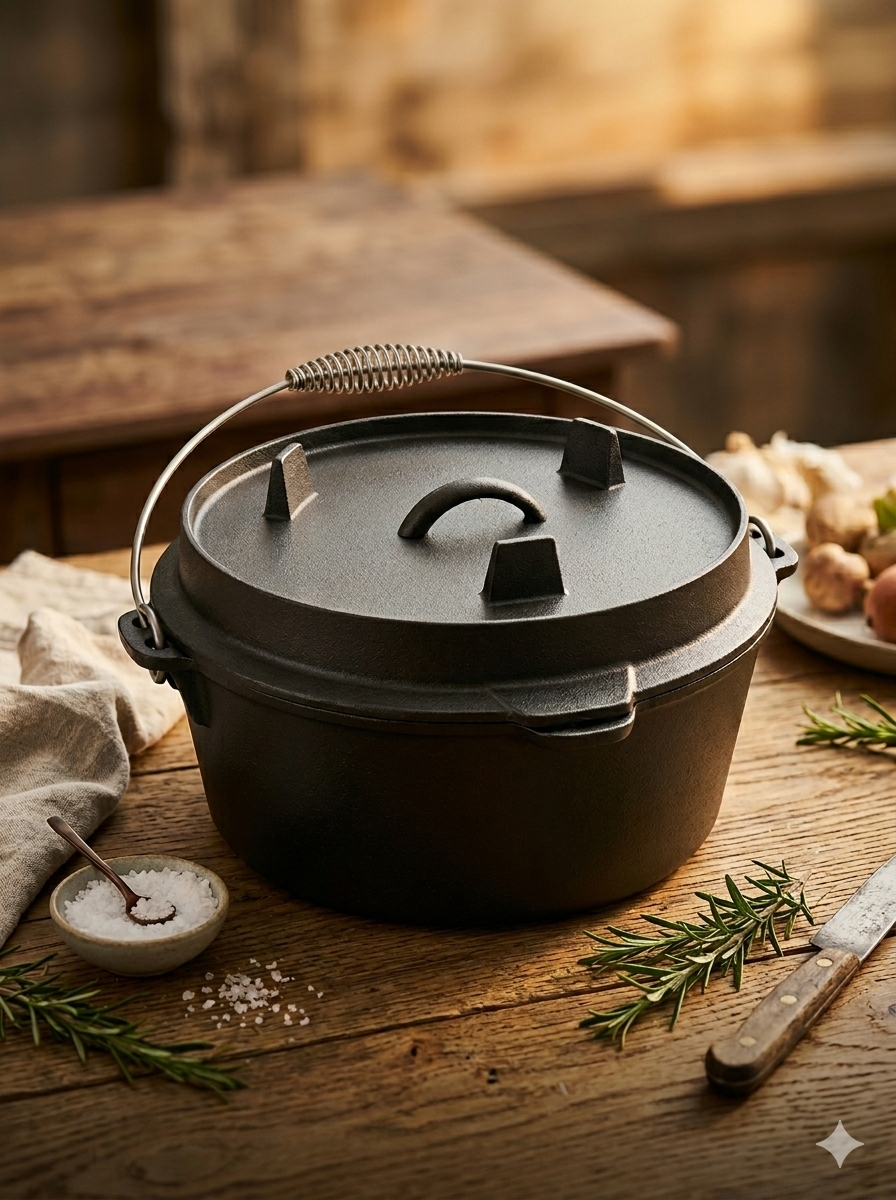Preseasoned cast iron Dutch oven with reversible grill lid, lid lifter, and pot stand for outdoor and indoor cooking