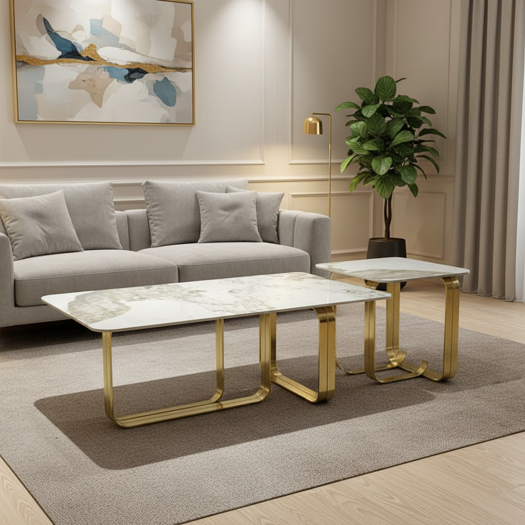 2-Piece Marble Top Stainless Steel Nesting Coffee Table Set